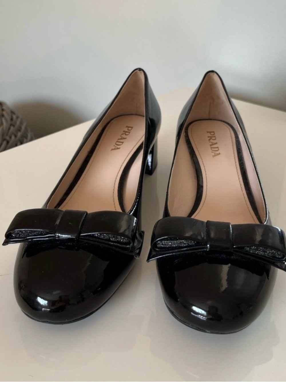 Prada Black Patent Leather Bow Pumps
